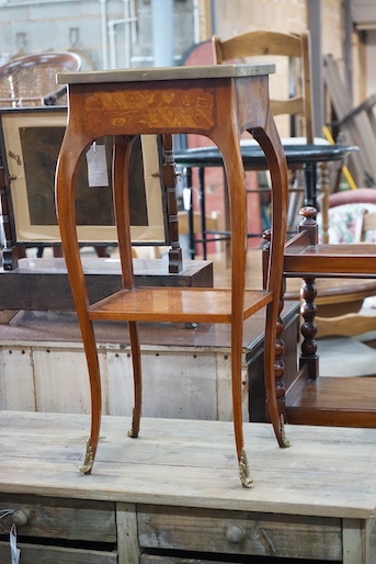 A Louis XV style marquetry inlaid brass mounted kingwood two tier table, width 25cm, depth 33cm, height 69cm